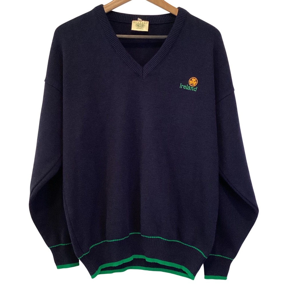Blarney Woollen Mills Mens Navy V-Neck Sweater Ireland Green Trim Golf - Large